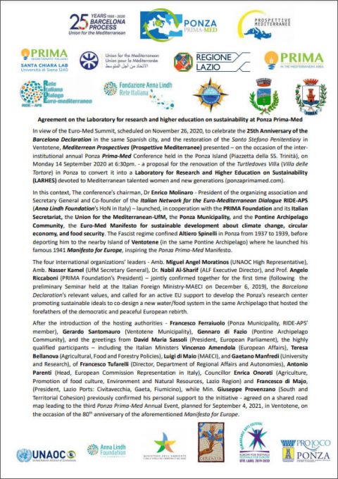 Agreement on the Laboratory for research and higher education on sustainability at Ponza Prima-Med